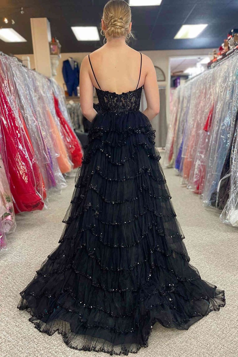 Straps Mesh Cutout Sequined Layered Long Prom Dresses