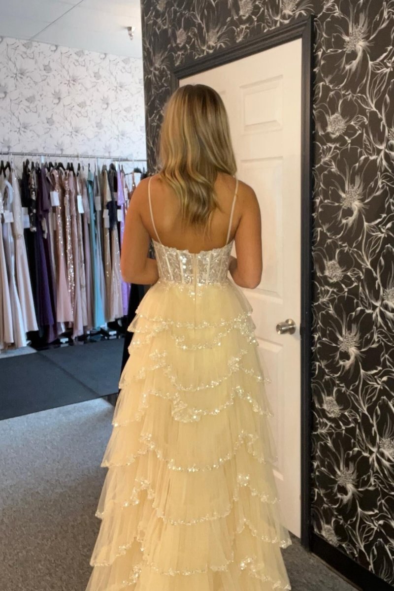 Straps Mesh Cutout Sequined Layered Long Prom Dresses