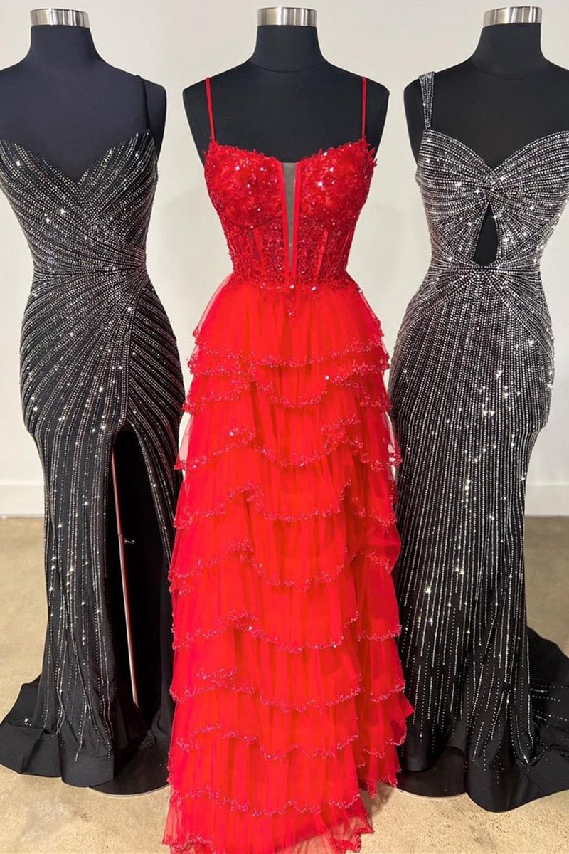 Straps Mesh Cutout Sequined Layered Long Prom Dresses