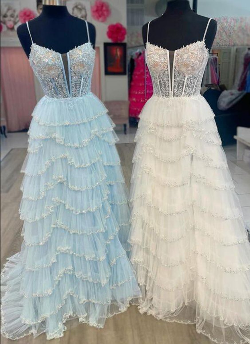 Straps Mesh Cutout Sequined Layered Long Prom Dresses