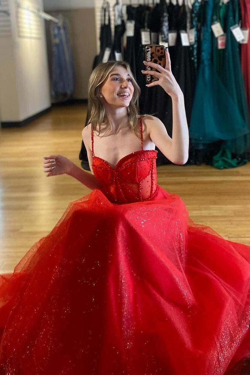 Glitter Straos Beaded A-line Formal Dresses with Slit