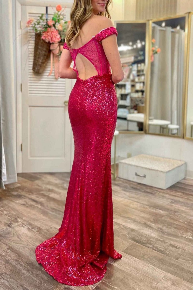 Mermaid Off the Shoulder Sequin Prom Dresses with Appliques