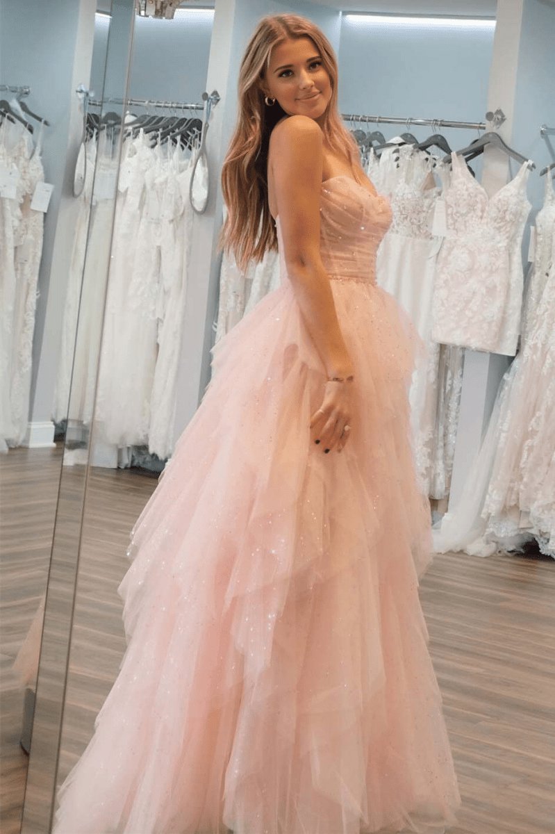 Strapless Sequin Beaded Ruffle Tulle Prom Dresses
