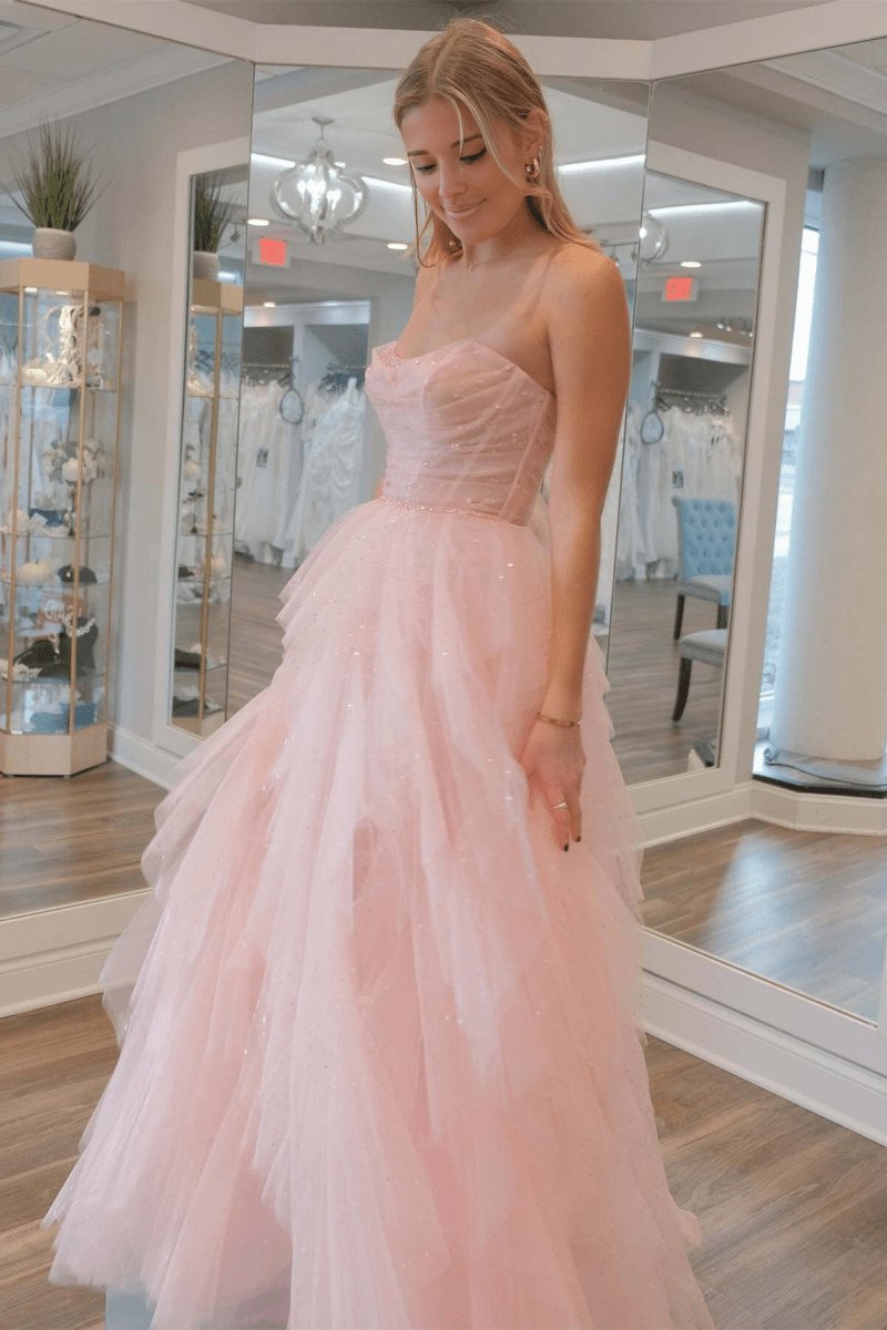 Strapless Sequin Beaded Ruffle Tulle Prom Dresses