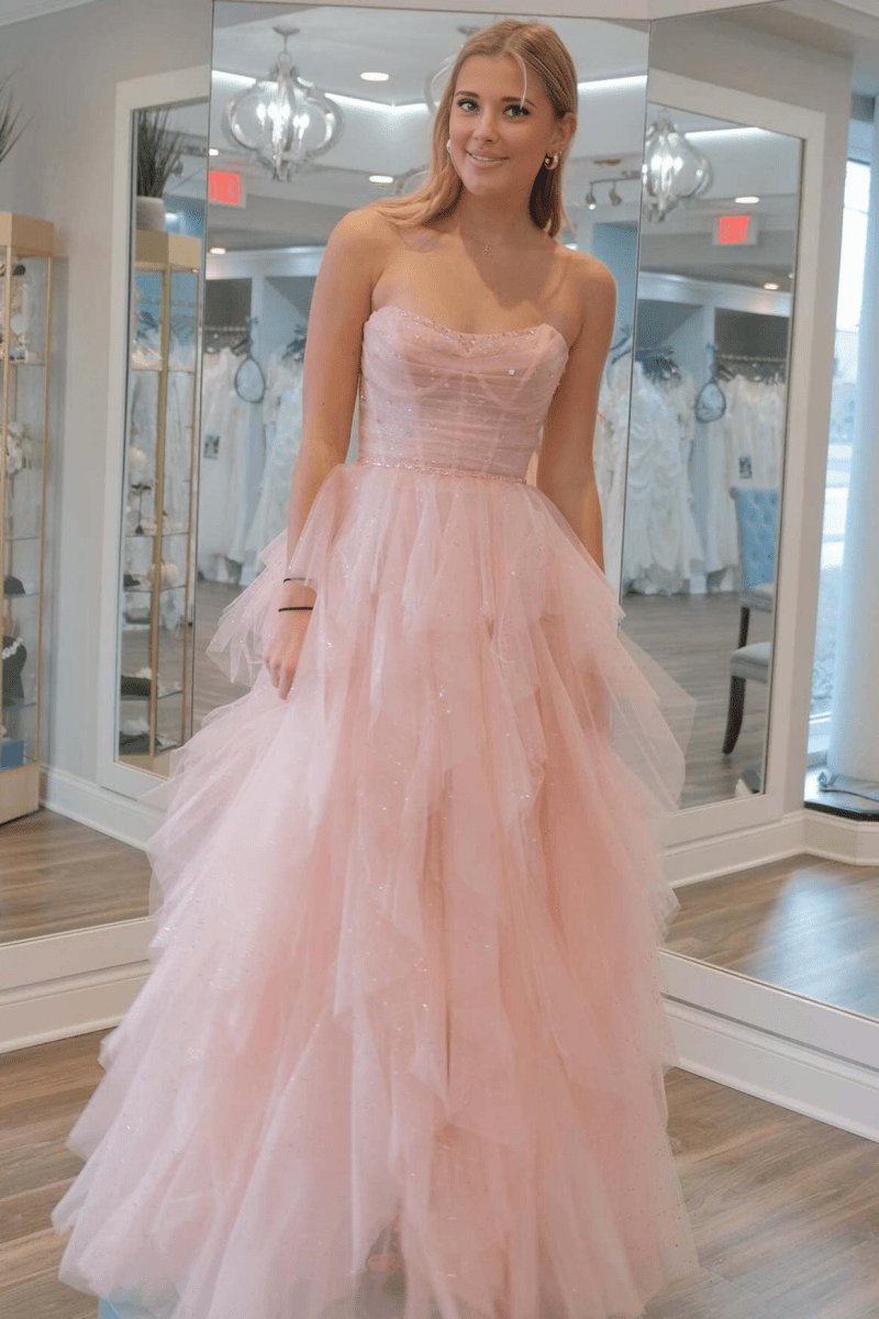 Strapless Sequin Beaded Ruffle Tulle Prom Dresses