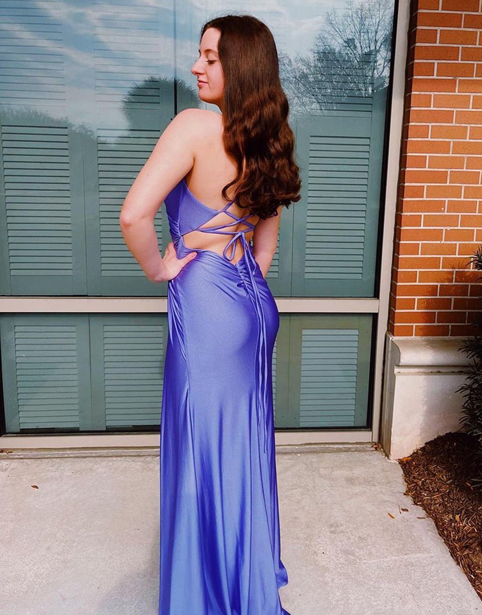 Sheath Spaghetti Straps Corset Back Prom Dresses with Split