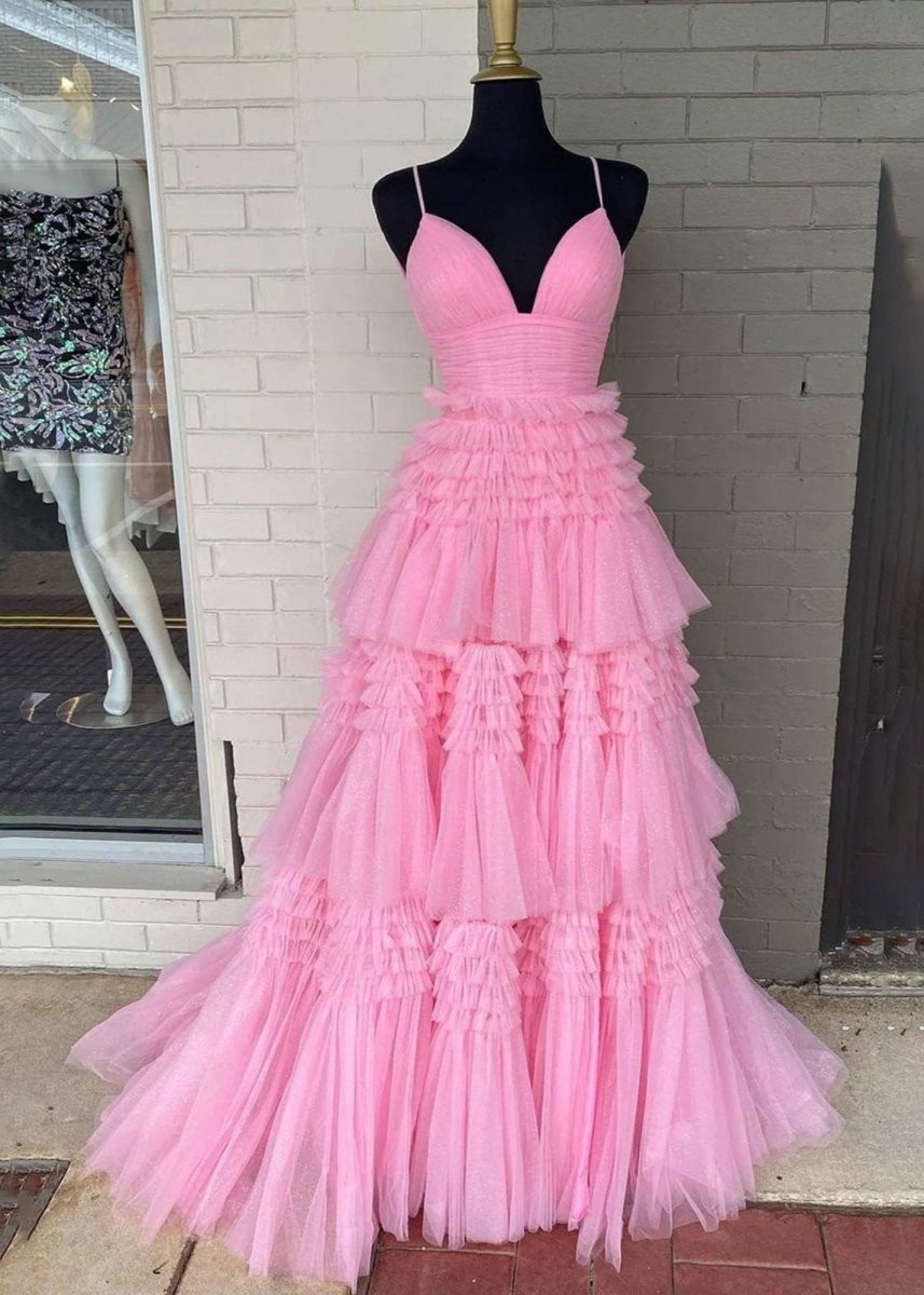 A-line Spaghetti Straps Long Tie Tulle Prom Dresses with Split
