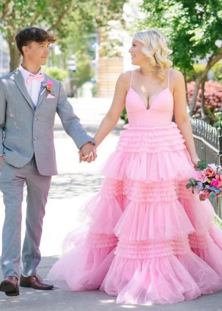 A-line Spaghetti Straps Long Tie Tulle Prom Dresses with Split