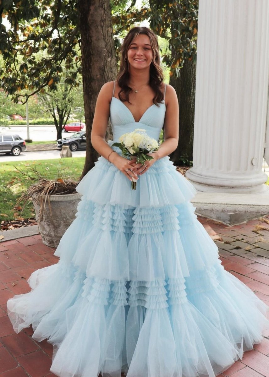 A-line Spaghetti Straps Long Tie Tulle Prom Dresses with Split