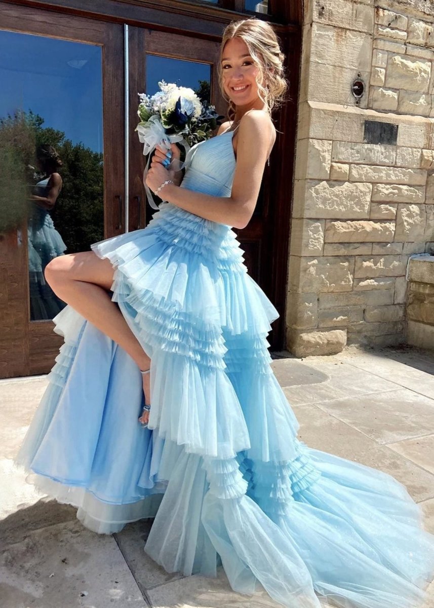 A-line Spaghetti Straps Long Tie Tulle Prom Dresses with Split