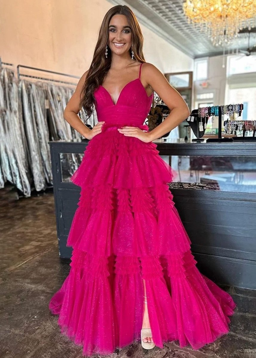 A-line Spaghetti Straps Long Tie Tulle Prom Dresses with Split