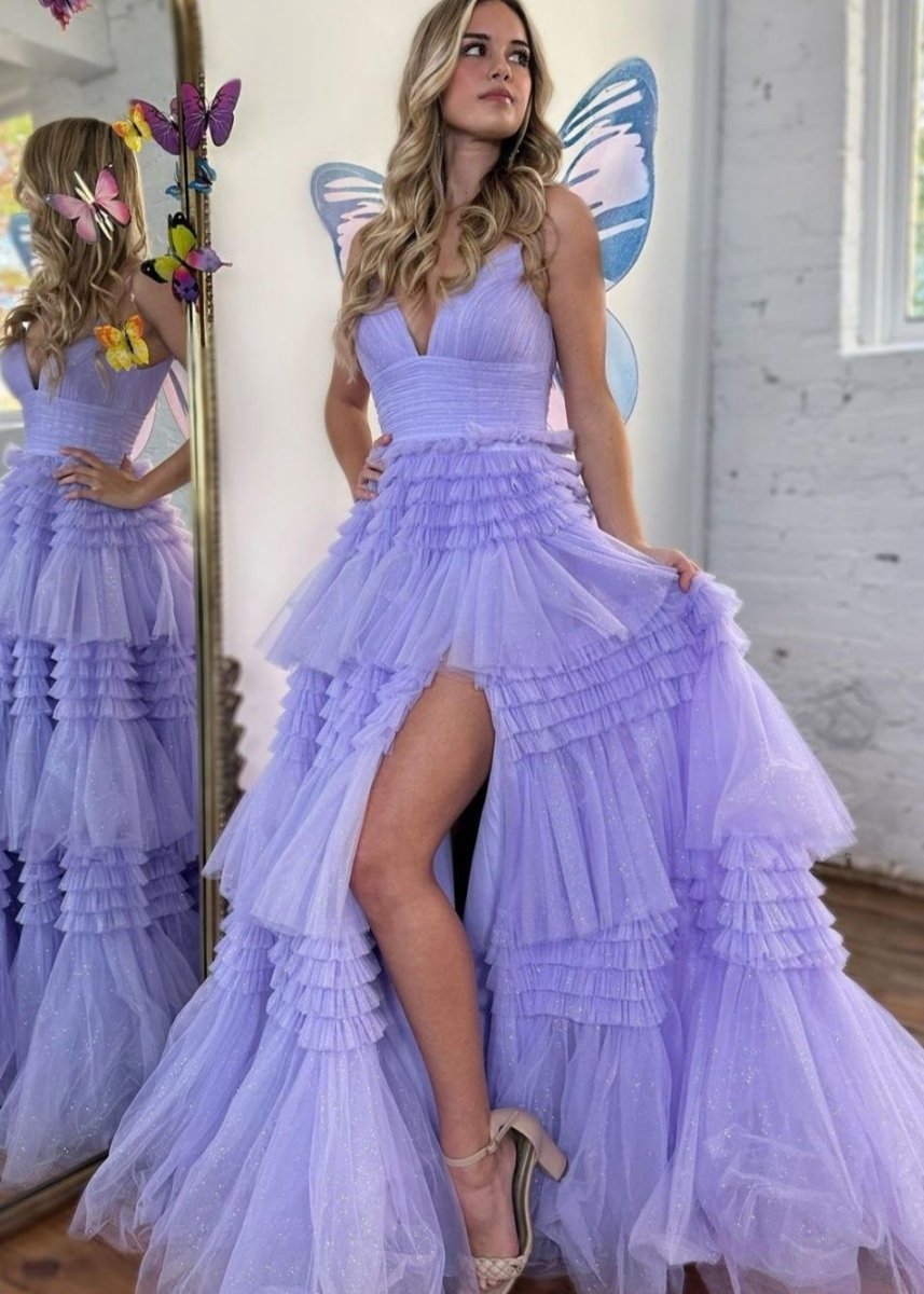 A-line Spaghetti Straps Long Tie Tulle Prom Dresses with Split