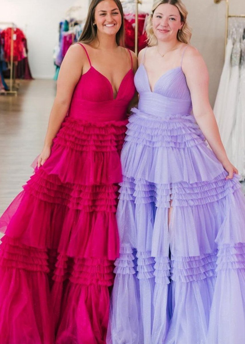 A-line Spaghetti Straps Long Tie Tulle Prom Dresses with Split