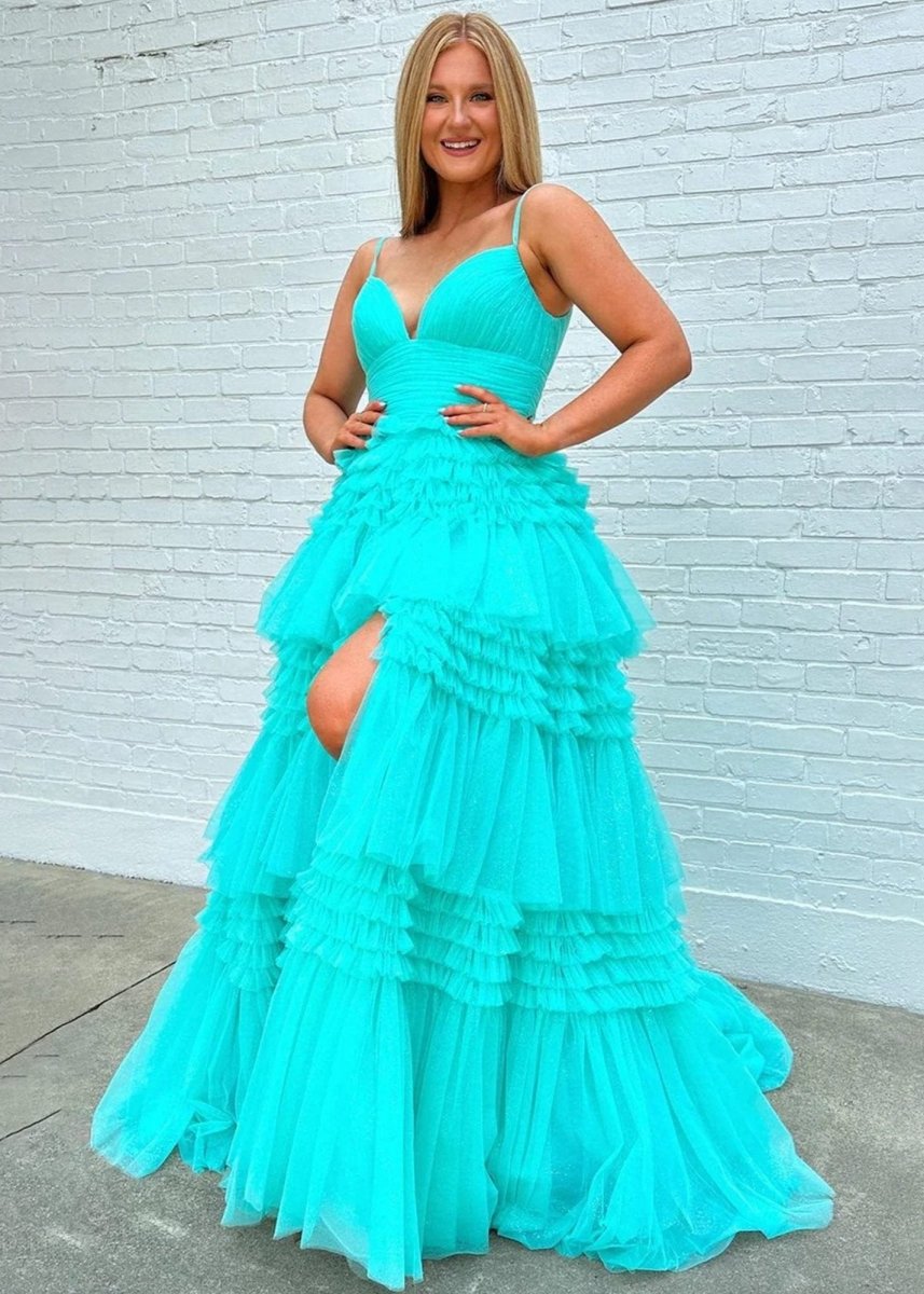 A-line Spaghetti Straps Long Tie Tulle Prom Dresses with Split
