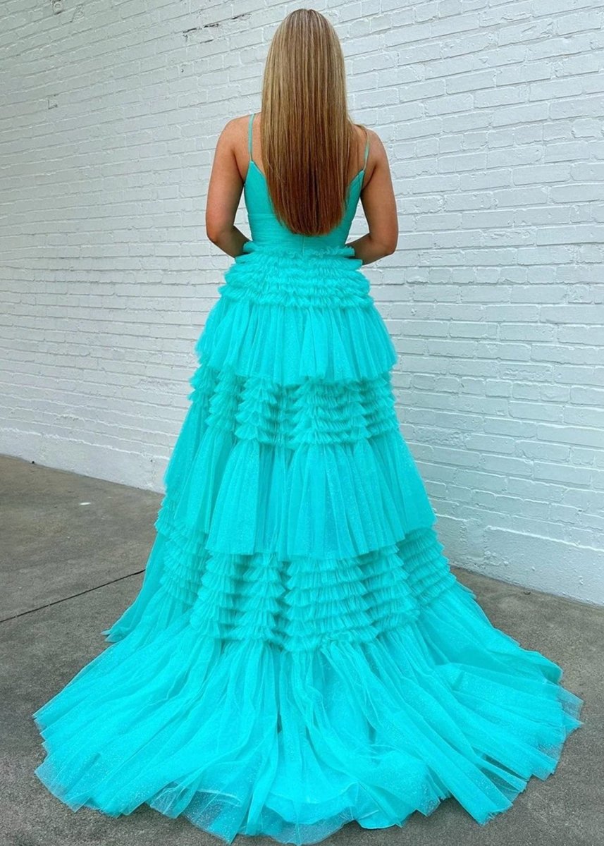 A-line Spaghetti Straps Long Tie Tulle Prom Dresses with Split