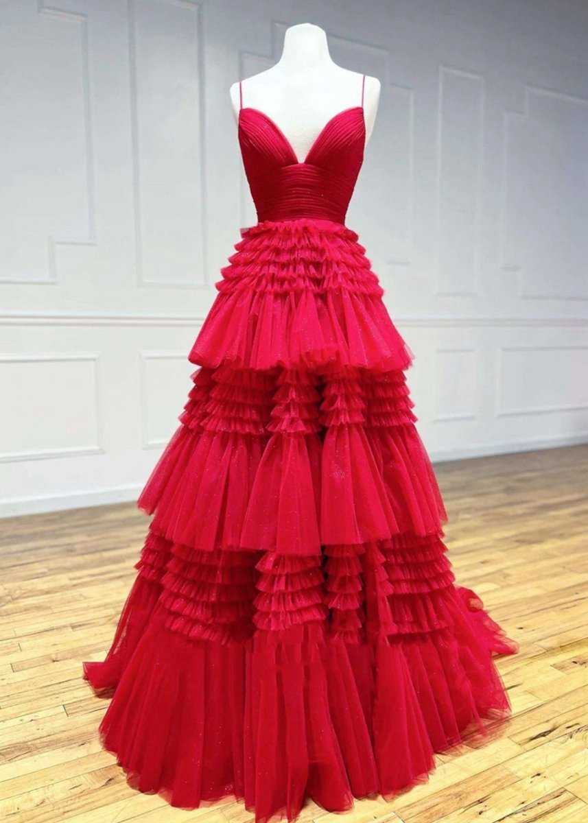 A-line Spaghetti Straps Long Tie Tulle Prom Dresses with Split