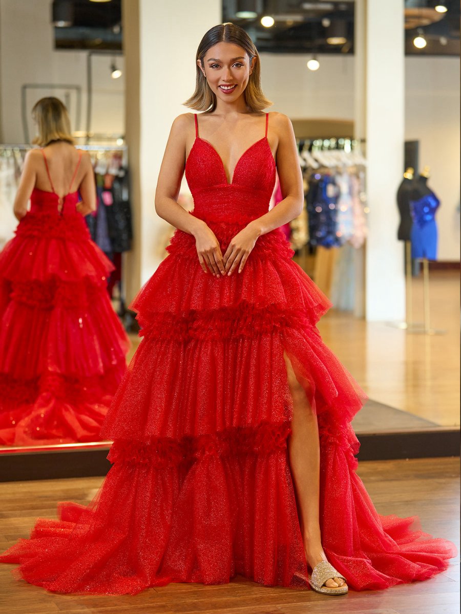 A-line Spaghetti Straps Long Tie Tulle Prom Dresses with Split