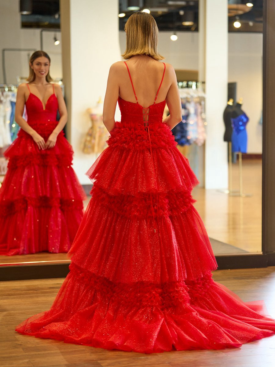 A-line Spaghetti Straps Long Tie Tulle Prom Dresses with Split