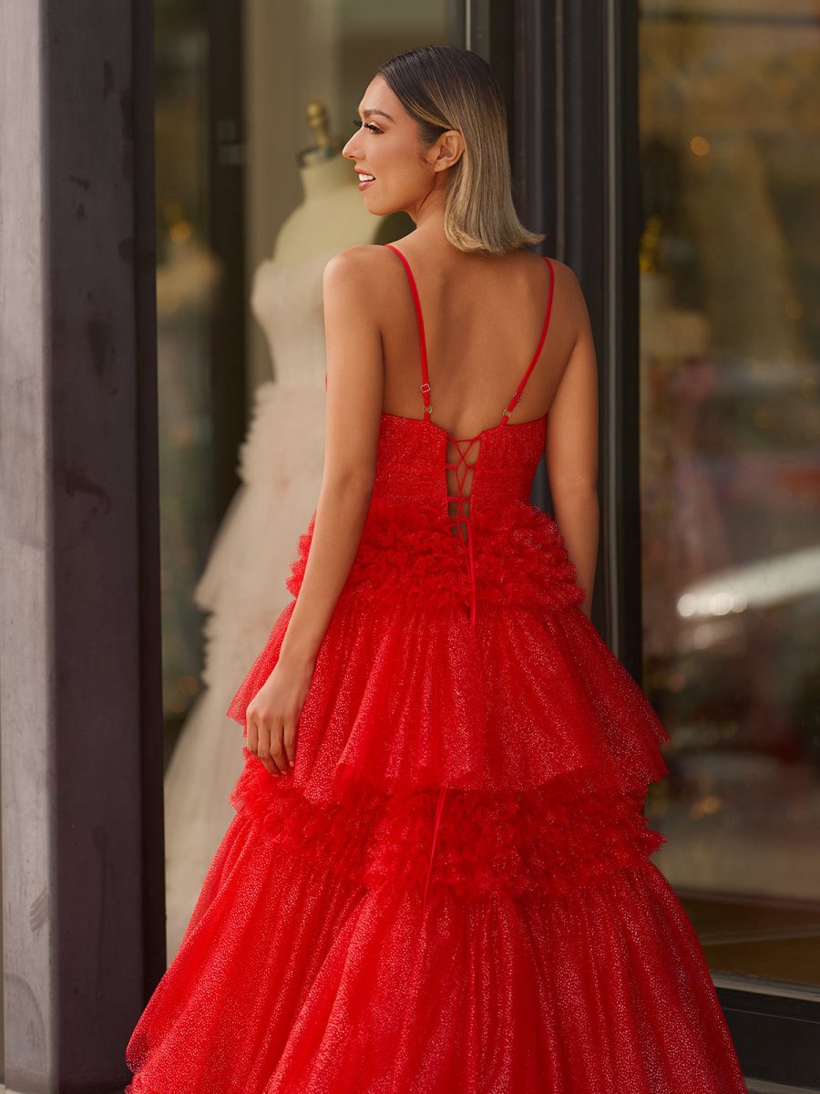 A-line Spaghetti Straps Long Tie Tulle Prom Dresses with Split