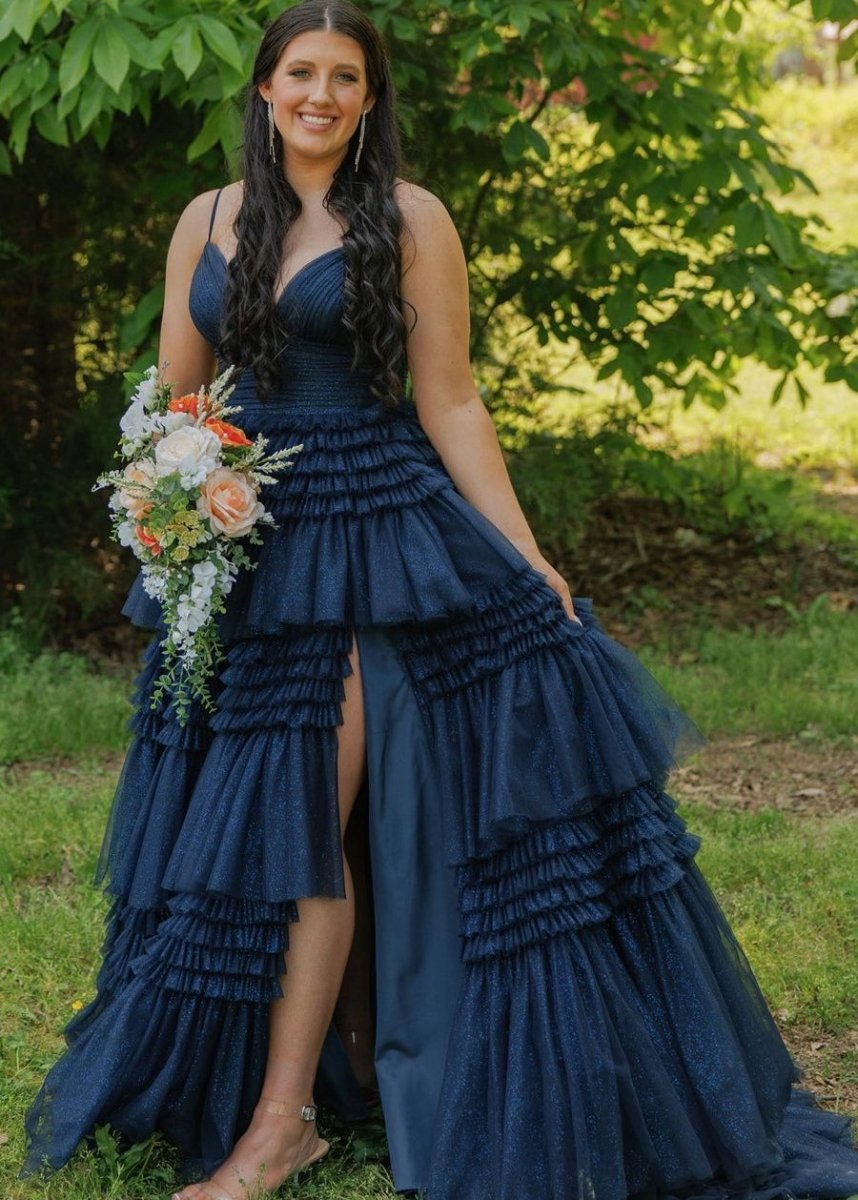 A-line Spaghetti Straps Long Tie Tulle Prom Dresses with Split