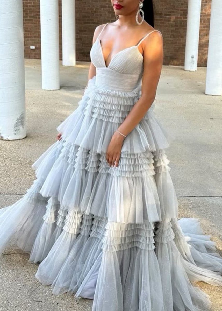 A-line Spaghetti Straps Long Tie Tulle Prom Dresses with Split