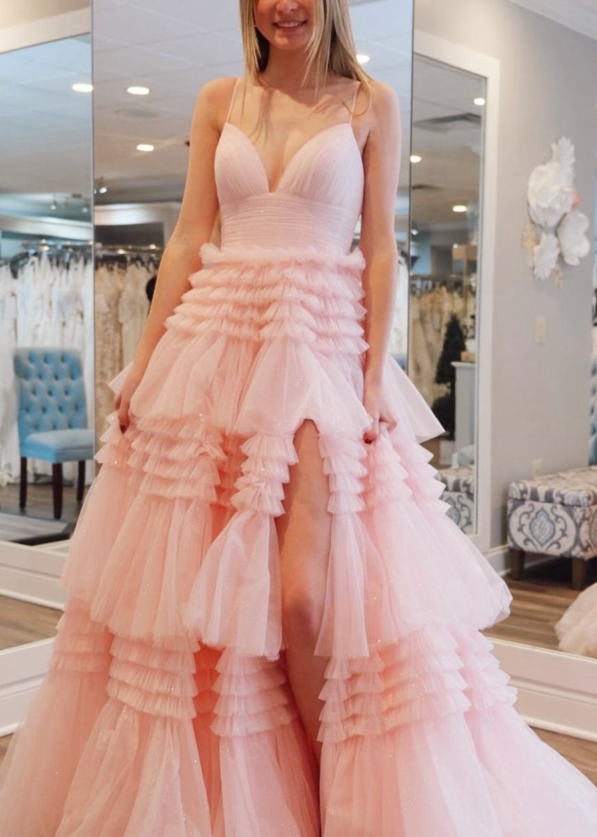 A-line Spaghetti Straps Long Tie Tulle Prom Dresses with Split