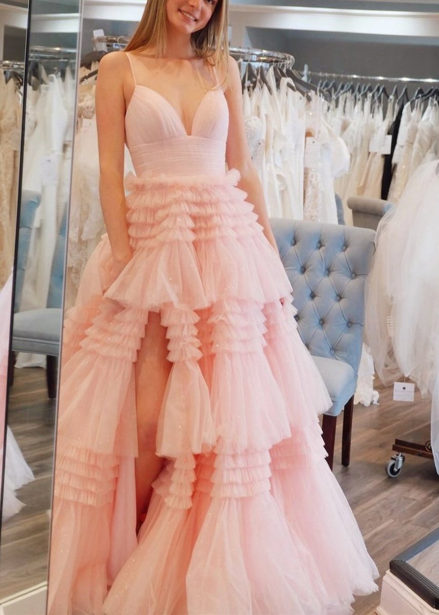 A-line Spaghetti Straps Long Tie Tulle Prom Dresses with Split