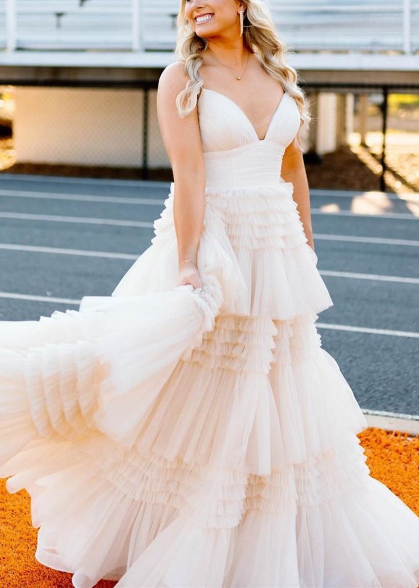 A-line Spaghetti Straps Long Tie Tulle Prom Dresses with Split