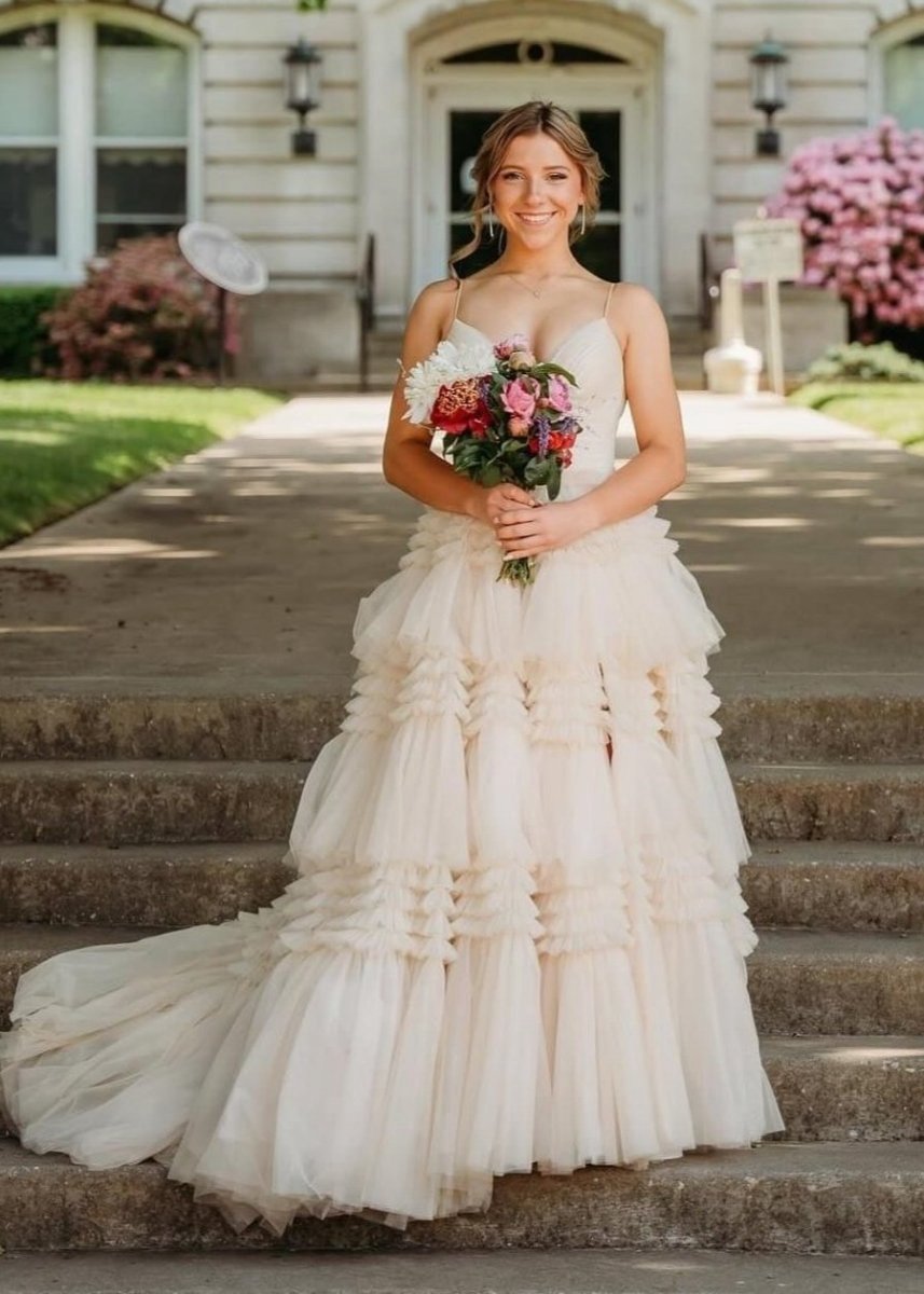 A-line Spaghetti Straps Long Tie Tulle Prom Dresses with Split