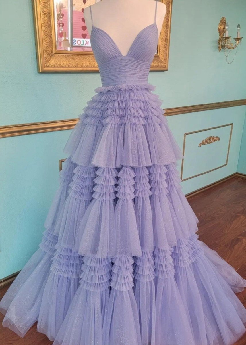 A-line Spaghetti Straps Long Tie Tulle Prom Dresses with Split