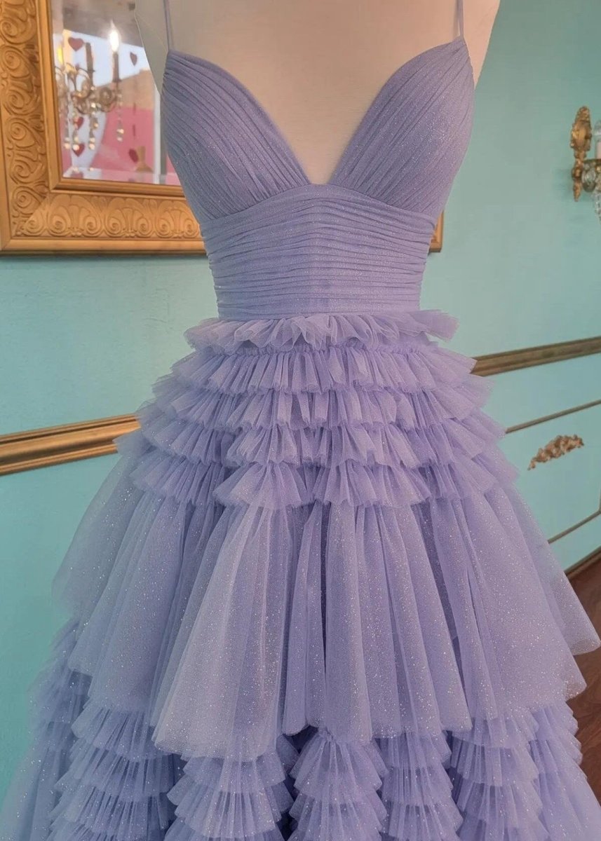 A-line Spaghetti Straps Long Tie Tulle Prom Dresses with Split