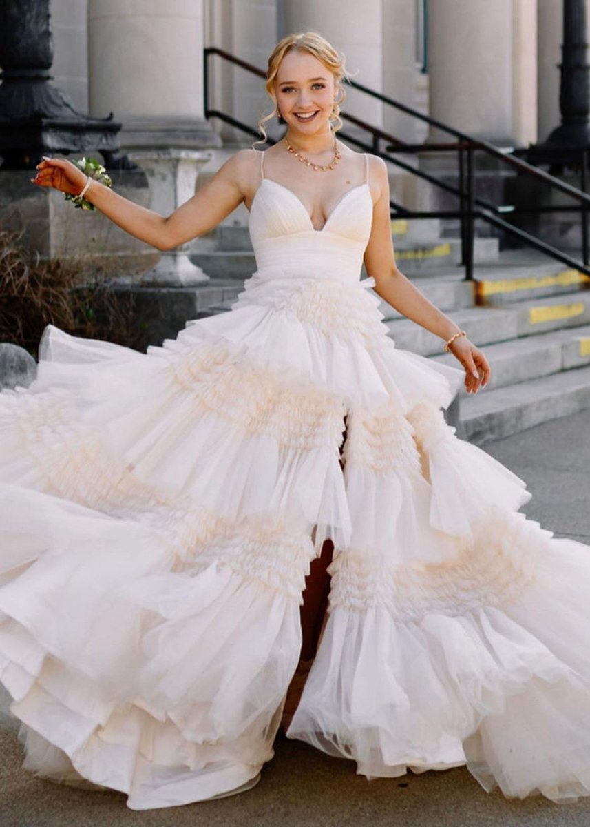 A-line Spaghetti Straps Long Tie Tulle Prom Dresses with Split