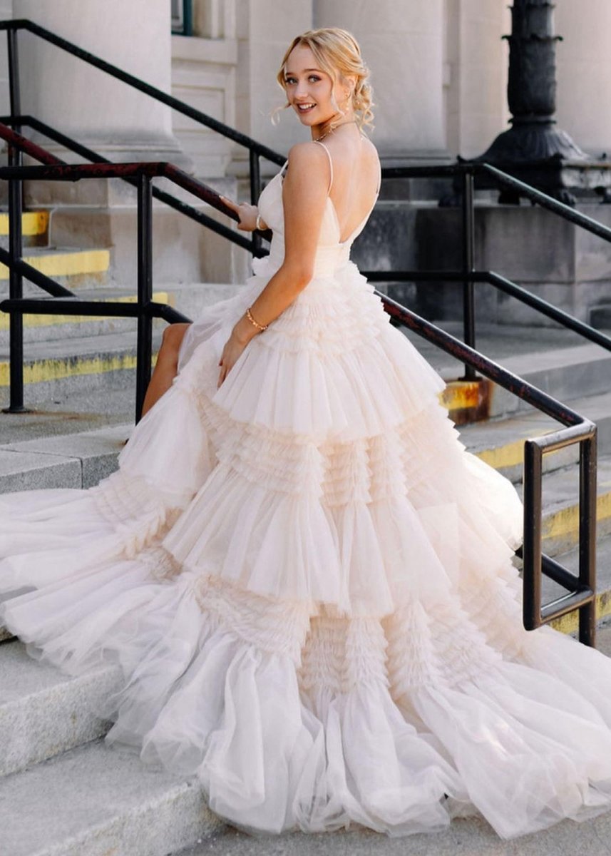 A-line Spaghetti Straps Long Tie Tulle Prom Dresses with Split
