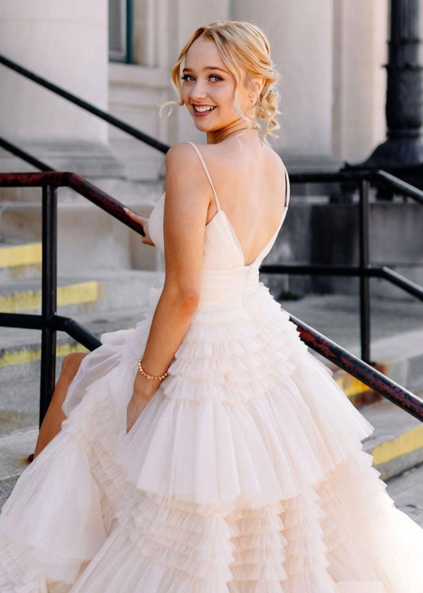 A-line Spaghetti Straps Long Tie Tulle Prom Dresses with Split