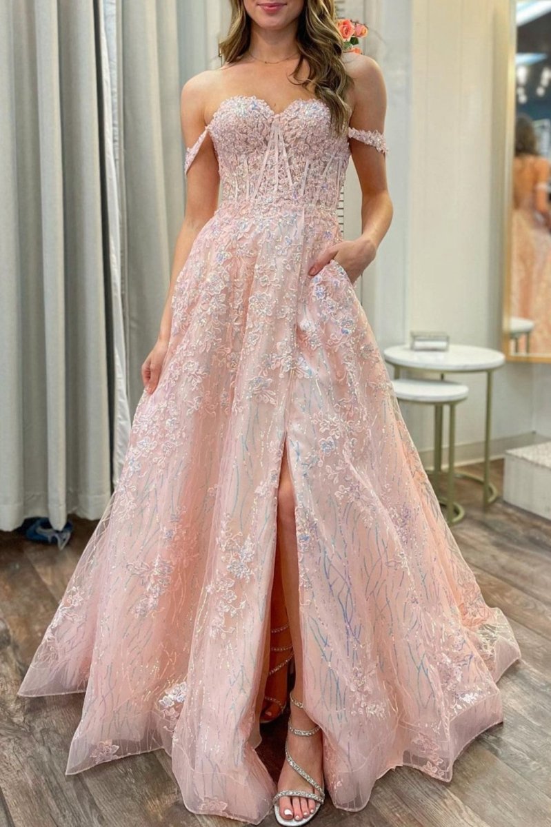 Appliques Off-the-Shoulder A-line Long Prom Dresses