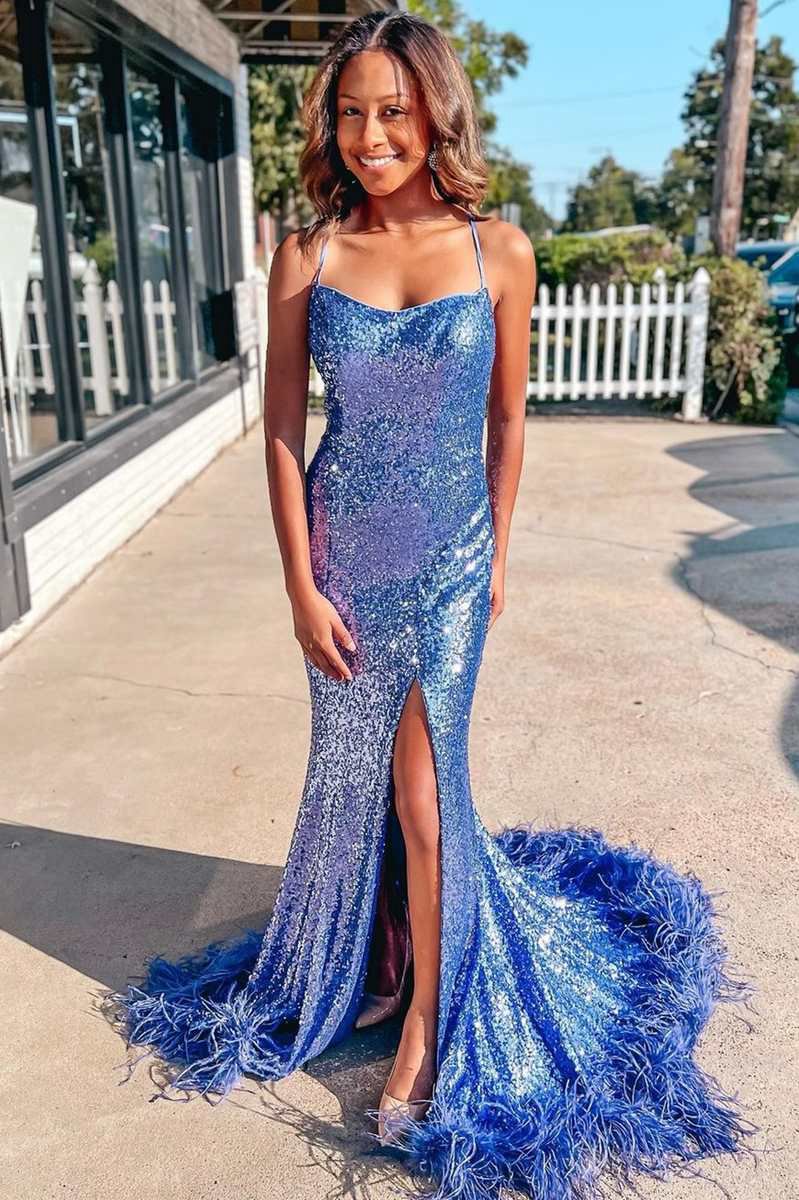 Sequin Feather Lace-Up Back Mermaid Long Prom Dresses with Slit