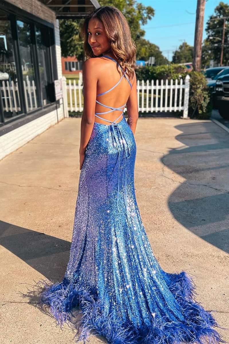 Sequin Feather Lace-Up Back Mermaid Long Prom Dresses with Slit