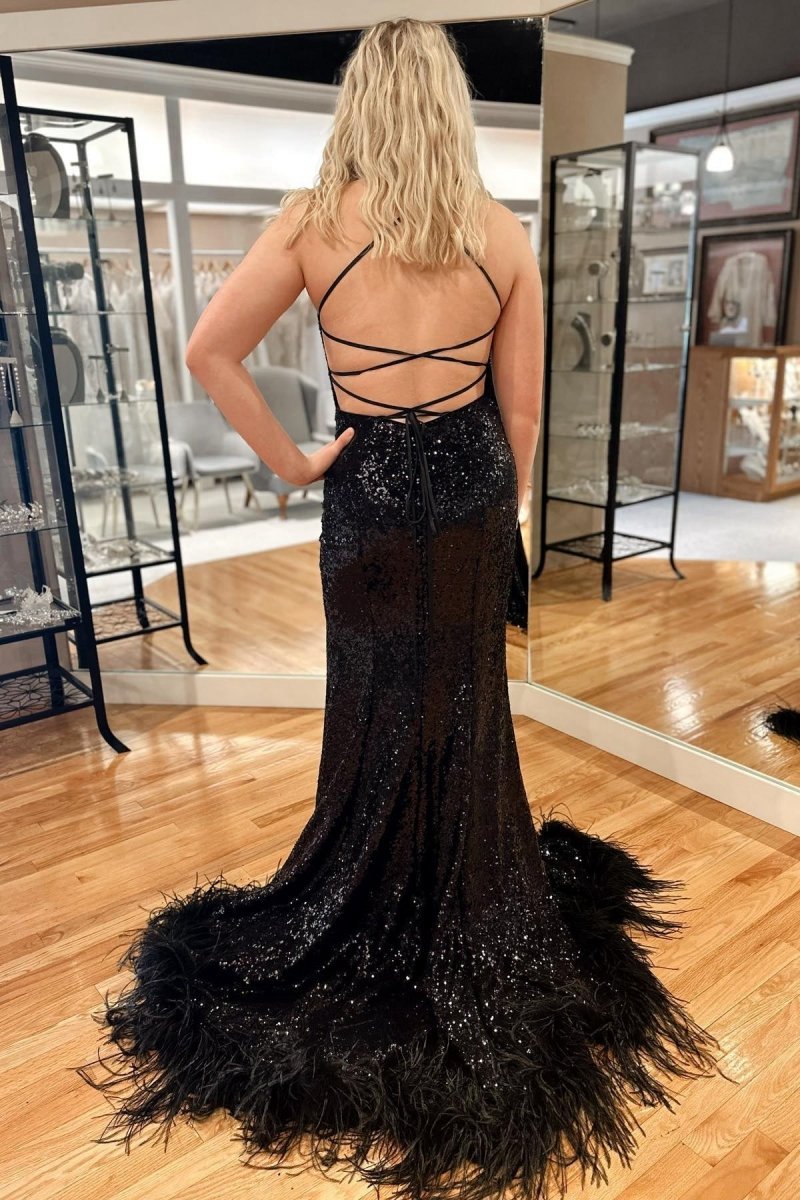 Sequin Feather Lace-Up Back Mermaid Long Prom Dresses with Slit