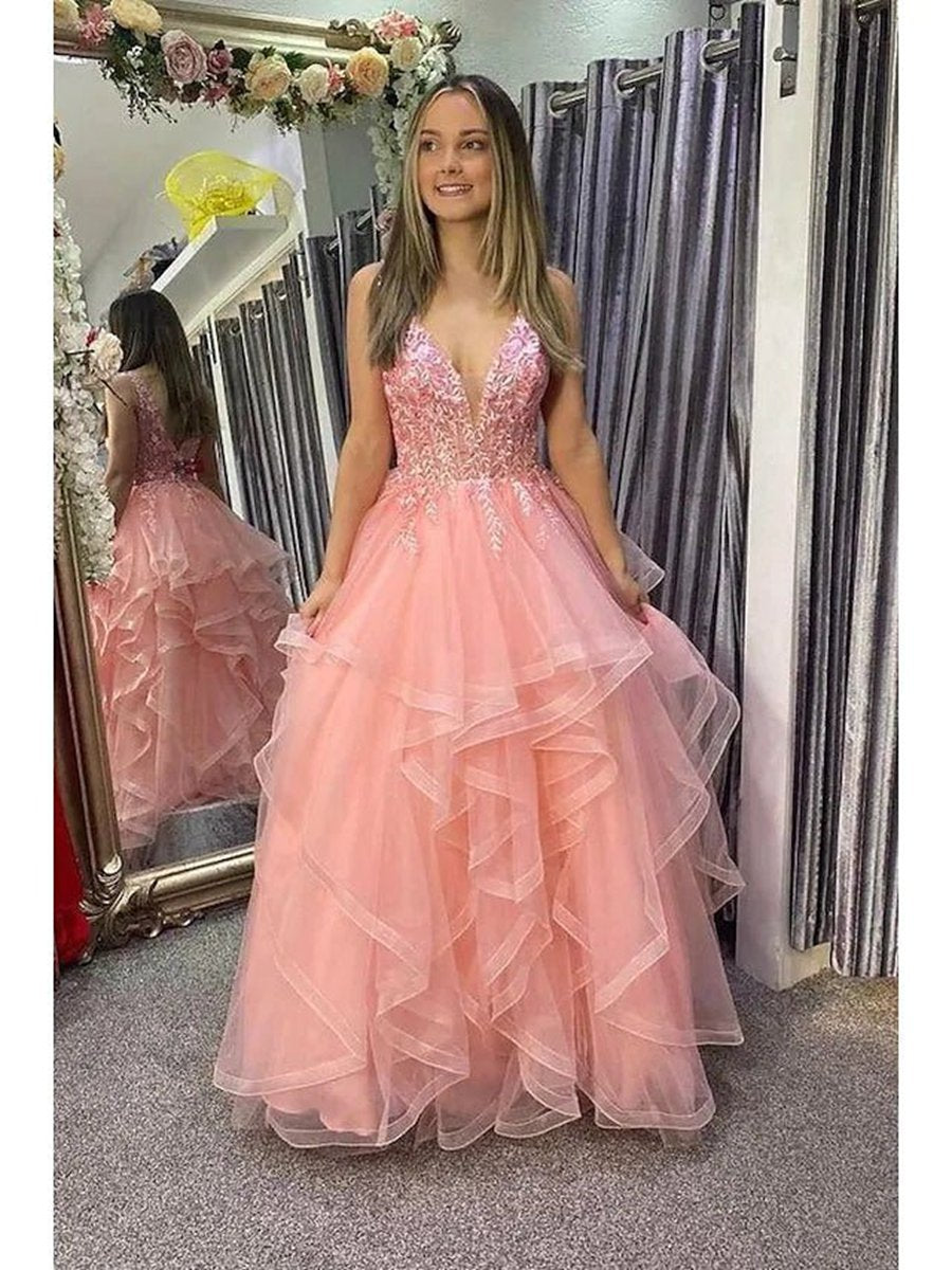 A-line Prom Dresses Princess Dresses Formal Floor Length Sleeveless V Neck Tulle Backless with Pleats Appliques