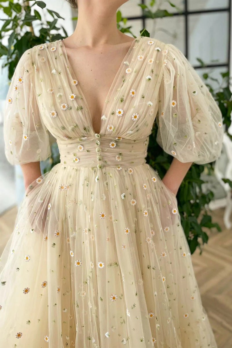 A-line V Neck Sea of Daisies Dresses Engagement Ankle Length Half Sleeve High Neck Tulle with Buttons Pleats