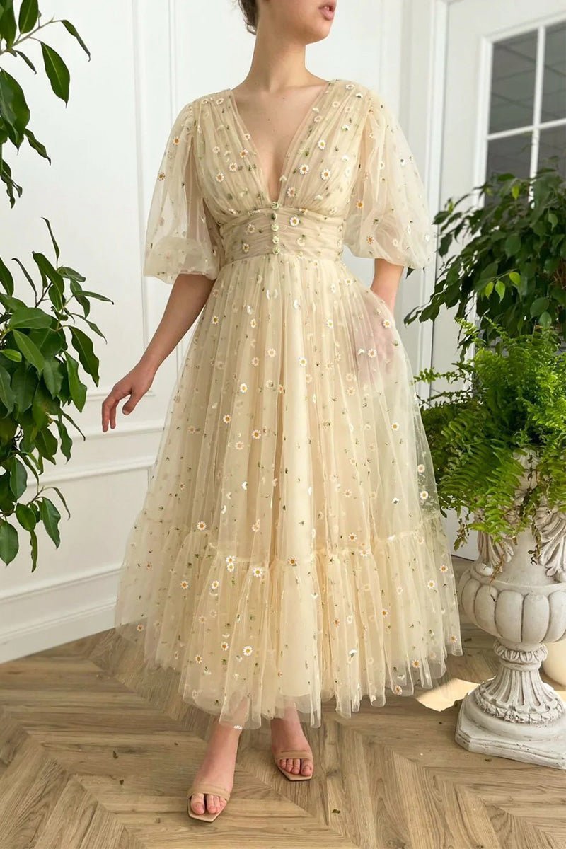 A-line V Neck Sea of Daisies Dresses Engagement Ankle Length Half Sleeve High Neck Tulle with Buttons Pleats