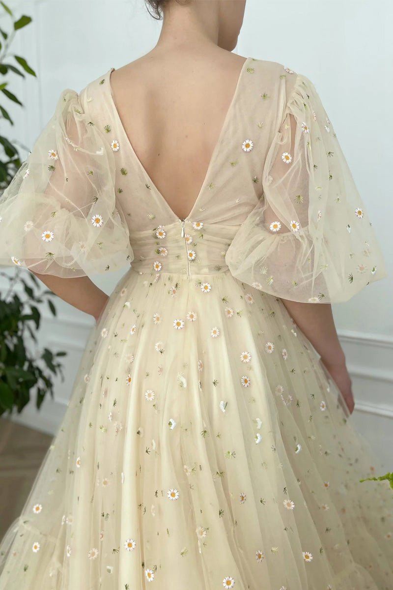 A-line V Neck Sea of Daisies Dresses Engagement Ankle Length Half Sleeve High Neck Tulle with Buttons Pleats