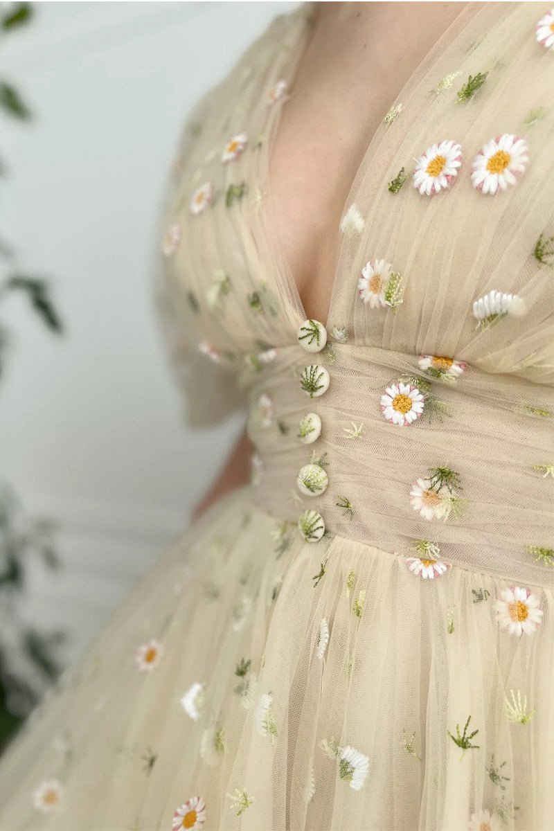 A-line V Neck Sea of Daisies Dresses Engagement Ankle Length Half Sleeve High Neck Tulle with Buttons Pleats