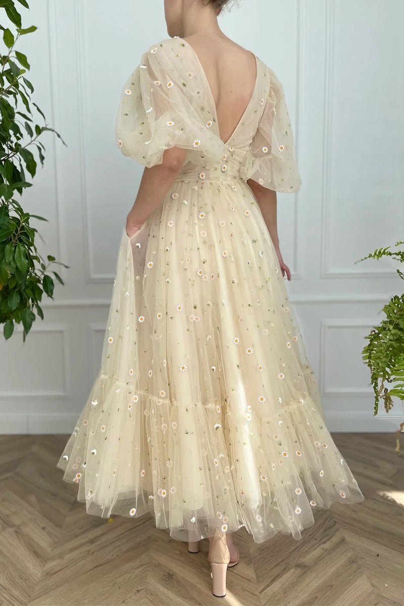 A-line V Neck Sea of Daisies Dresses Engagement Ankle Length Half Sleeve High Neck Tulle with Buttons Pleats