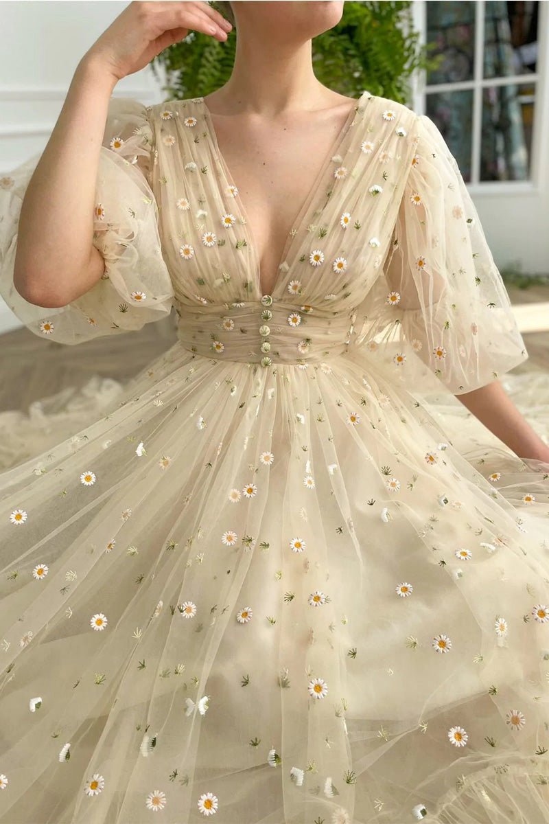 A-line V Neck Sea of Daisies Dresses Engagement Ankle Length Half Sleeve High Neck Tulle with Buttons Pleats