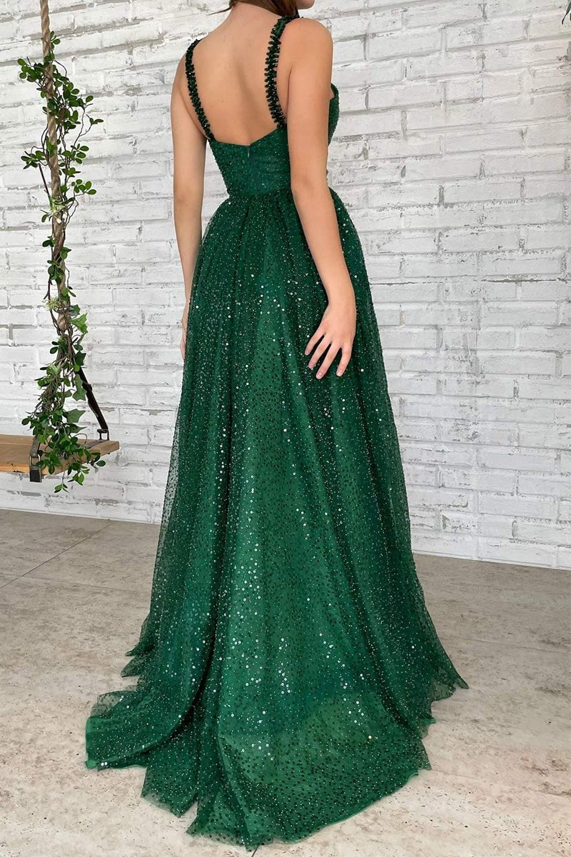 A-line V Neck Long/Floor-Length Tulle Sparkling Prom Dresses with Beading Sequins Glitter