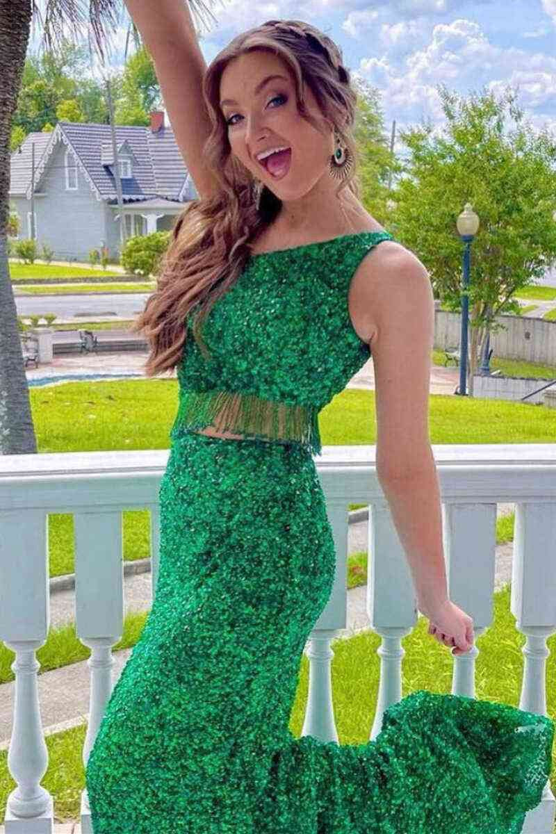 Two Piece Sequined One Shoulder Long Party Dresses with Tassel