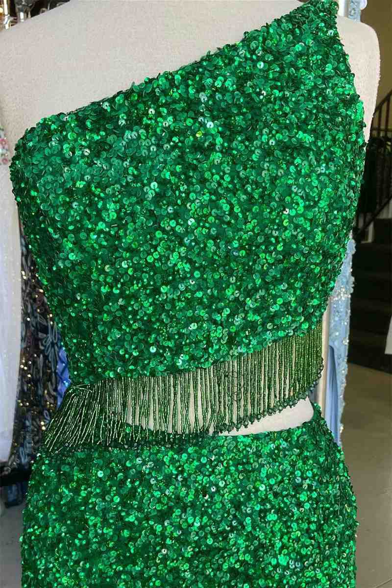 Two Piece Sequined One Shoulder Long Party Dresses with Tassel