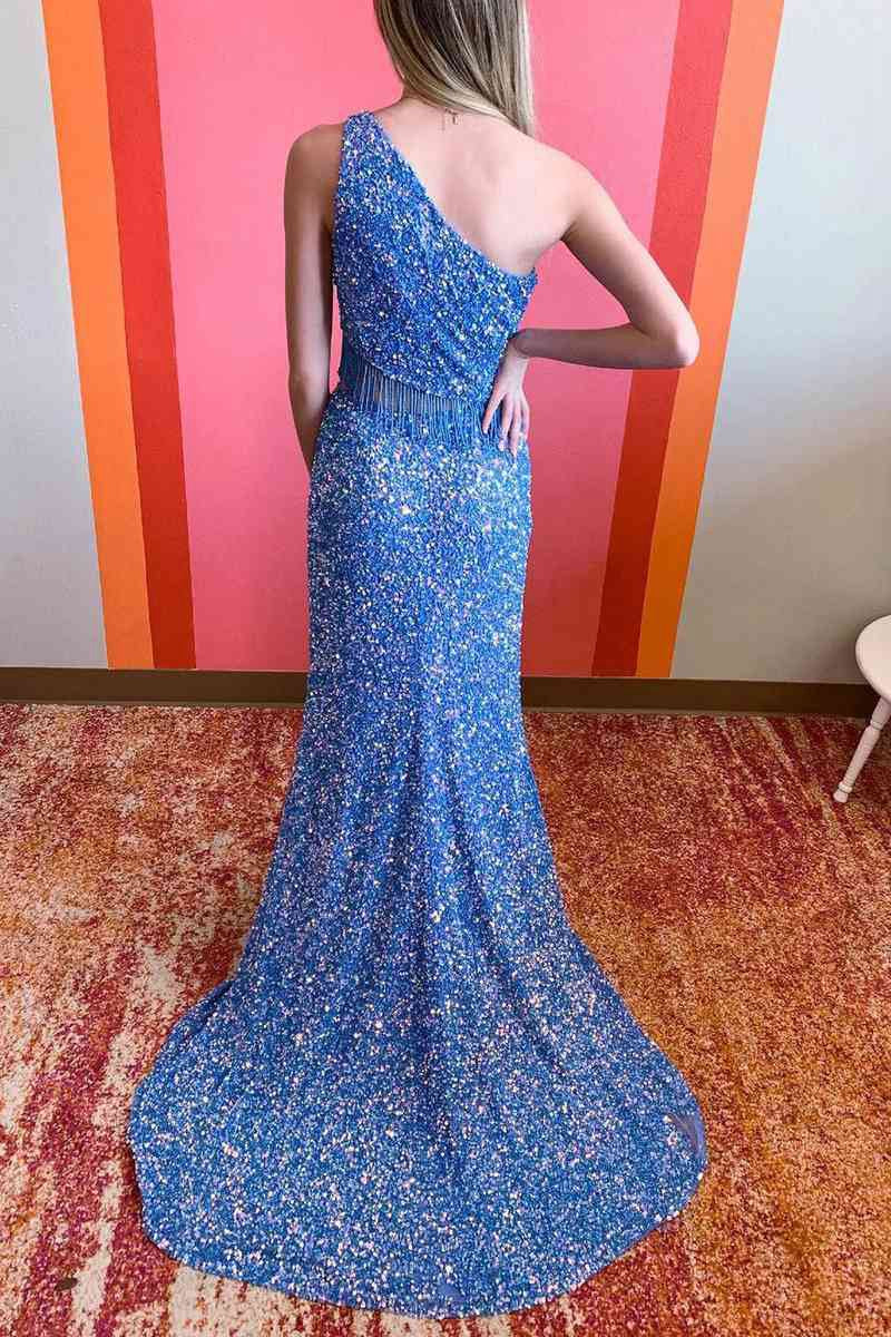 Two Piece Sequined One Shoulder Long Party Dresses with Tassel
