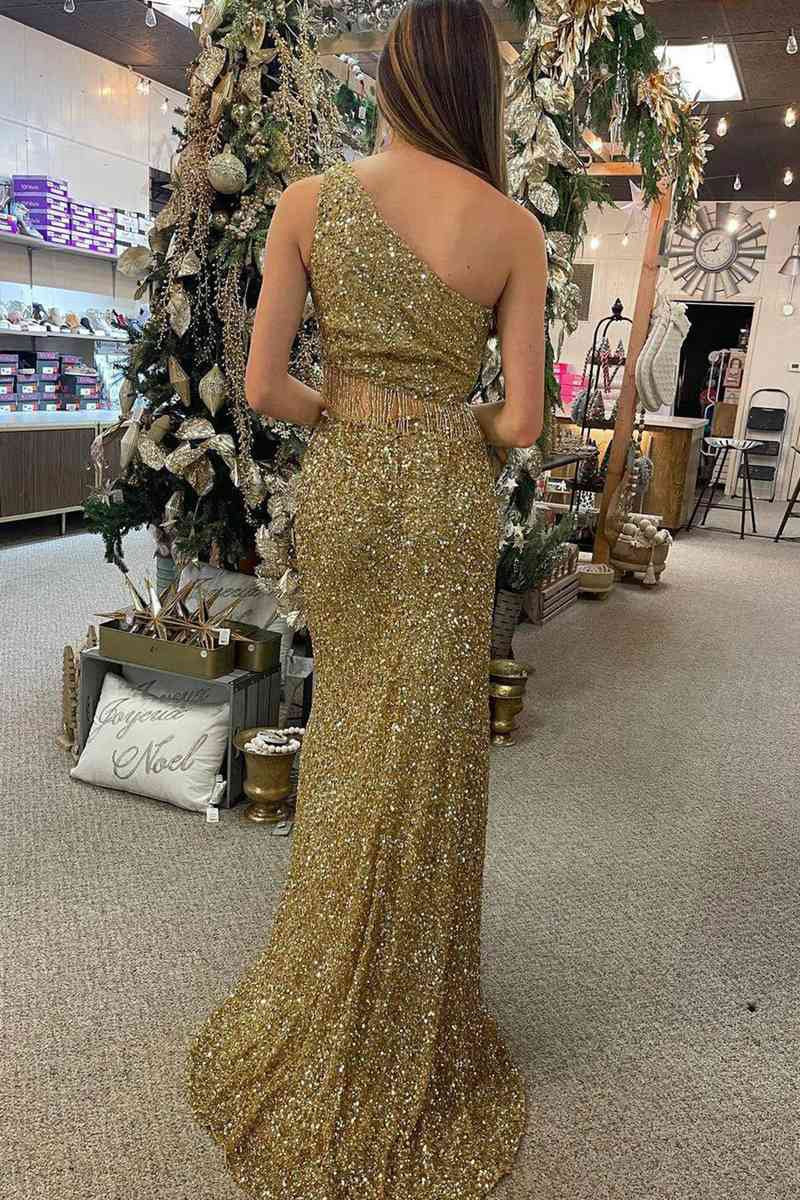 Two Piece Sequined One Shoulder Long Party Dresses with Tassel